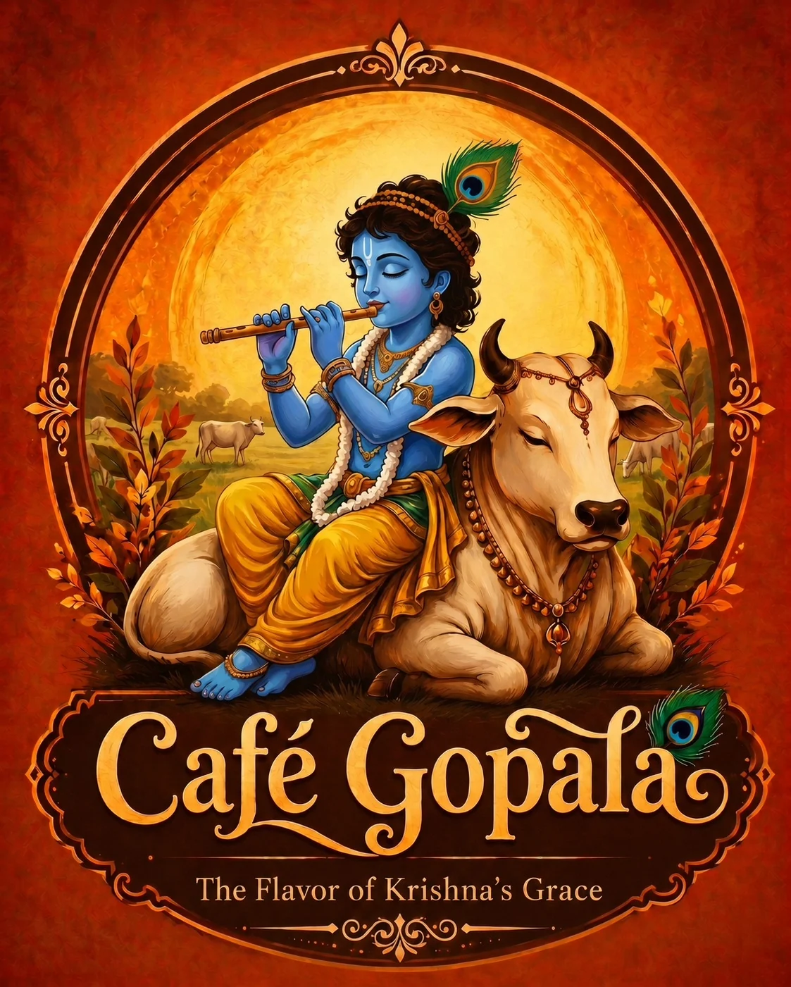 Cafe Gopala logo: Gopala Krishna playing his flute beside a resting cow
